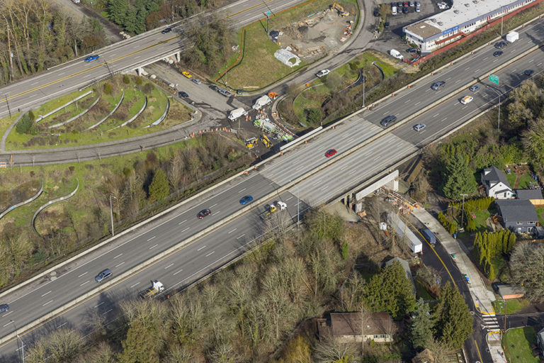 Ariel view of I-5 bridge over SW 26th Ave during constructino.