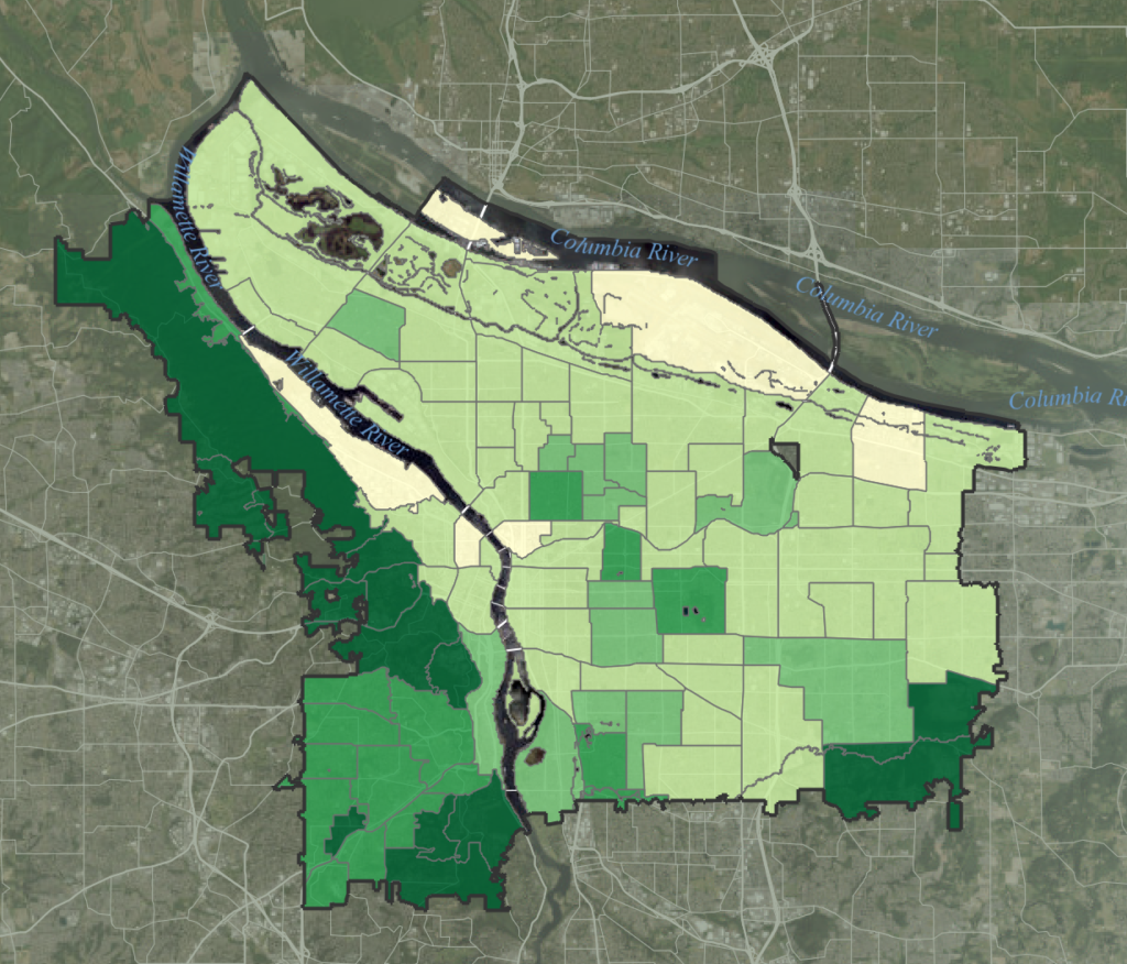 City of Portland tree canopy map. Dark areas have more tree canopy.